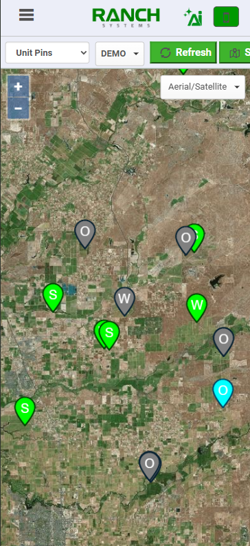 myRanch live map view showing field unit pins overlaid on satellite imagery
